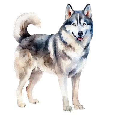 full perspective, watercolor husky dog clipart, on a white background