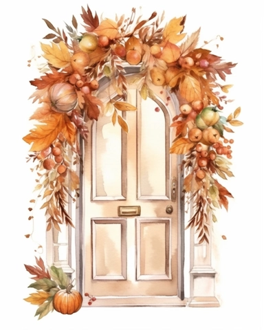 White front door, big wreath, autumn leaves, beige color, watercolor, clipart, white background
