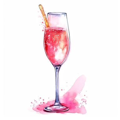 watercolor hand drawing of alcohol drink in champagne glass in shades of pink clipart, vector, 8k resollution, white background