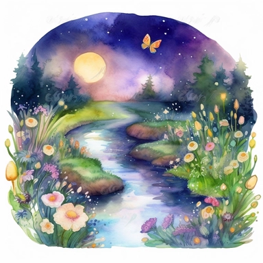 cartoon fairy glen by the River, grass and flowers line the sides if the river, glowing lights and sparkles, colors of green purple gold and blue, glamorous realistic and detailed, watercolor, white background with margins, clipart style