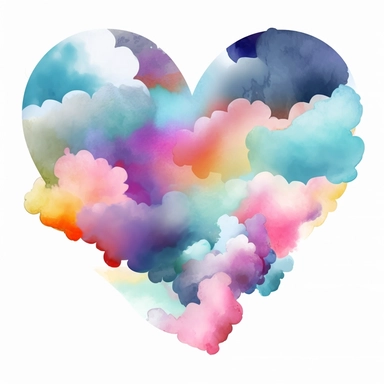 Heart Clouds Colorful Watercolor Sublimation Clipart, Clipart, white background, no watermark, no text, no word,
