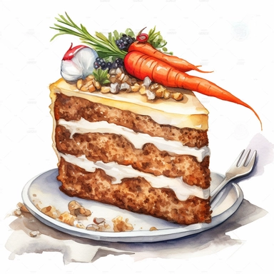 Carrot cake sharp illustration clipart, watercolor art, insane detail, white background