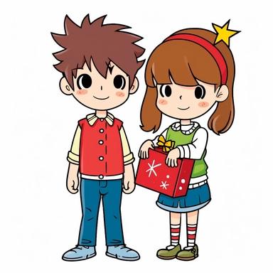 kids with present, full body, christmas, characters, cute, kawaii, simple, on white background, cartoon, vector art, clip art, doodle art, comic art