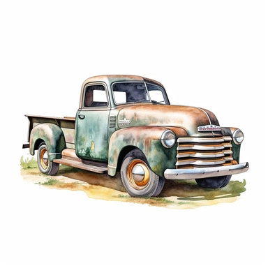 realistic watercolor drawing of a vintage chevy pickup truck in California farm, on a white background where the background will be removed to repurpose as a clipart.