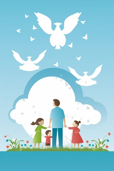 Create a cute and cheerful family scene that depicts the concept of faith. The scene could include a happy family standing together with their eyes closed, holding hands and smiling. They could be surrounded by symbols of faith such as a cross or a dove. The background could be a bright and sunny day with birds flying in the sky. The illustration should be done in a vector art, clipart art, cartoon style with black fine lines, sketch art, and black ink to make it easy to color for a coloring boo
