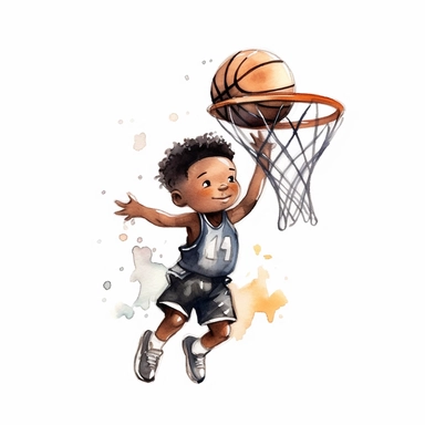 cute Watercolor black cartoon basketball player shooting hoops, clipart, white background