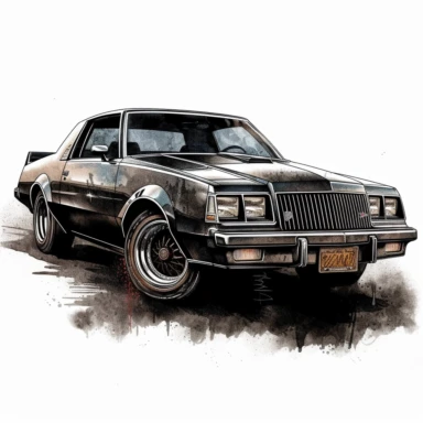 Unleash the power of a Buick Grand National in a classic American muscle car clipart composed in large ink blocks, capturing the essence of refined speed and luxury. In HD on a white background.