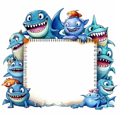 a page border of goofy, super adorable, cute, watercolour sharks, holding a school book that says Monsters at Schoop Clipart on it, pencil and art things, fluffy, big eyed, vibrant, smiling, on a pure white background in PNG format