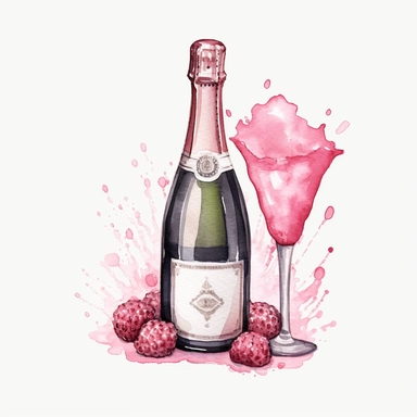 Watercolor pink and black birthday Champagne bottle open pop drawing, illustration clipart, high detailed, white background, digital art