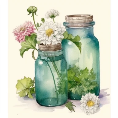 green glass without lid Jars full of flowers ,watercolor, cottage core,peony painted by ann buccarelli,insanely high quality, watercolor , white background, clipart, vintage--q 2