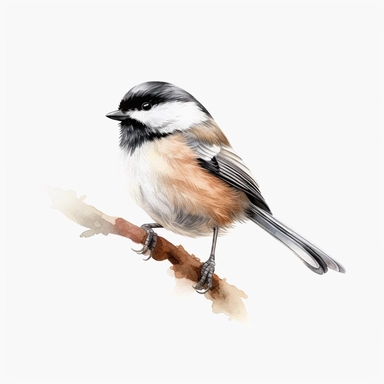 realistic watercolor painting of a chickadee in the auduban style with a light background, white background, clipart