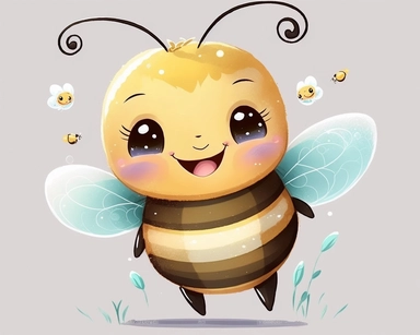 cute smiling vector bee drawing for clipart, image is on a white background, bee is the focal point hovering above a rose, he is flying through the air by himself, nursery watercolor, in the style of watercolor painting, white background, charming anime characters, cute and colorful, depiction of animals, high quality, multiple poses--seed 4107006010