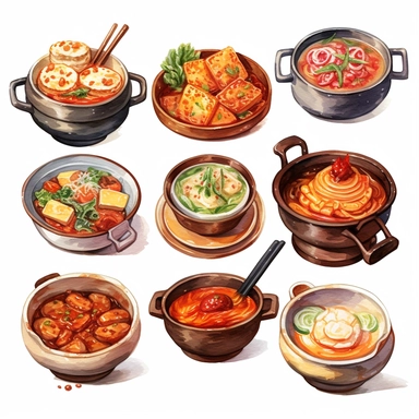Kimchi, Korean fried chicken, Tokpokki, Ramyeon, Jajangmyeon, Kimbap, Bibimbab, Shabu Shabu, Sundubu jigae, Ginseng chicken soup, korean food, white background, clipart, Object, vector collection, 8k, watercolor