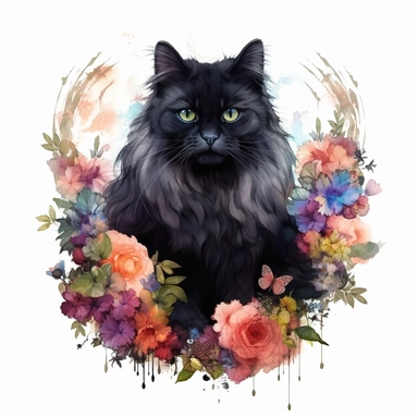 fluffy long haired persian black cat with flowers, dark watercolor clipart , ultrarealistic, very detailed, finished corners, finished edges, no excess sprinkles