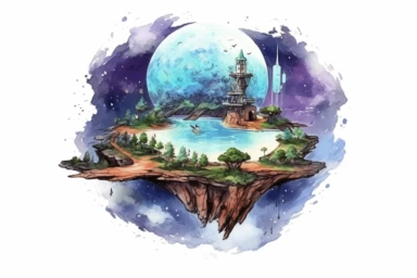 Watercolor, Design a planet with floating islands that are home to telekinetic beings with extraordinary abilities clipart, hd, on a white background, spaced out
