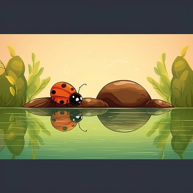 two caterpillars sitting on a rock, one brownish color, one green, looking into the water with their reflection staring back, reflections in the water show in scenery too clipart , lady bug, butterflyle of ants