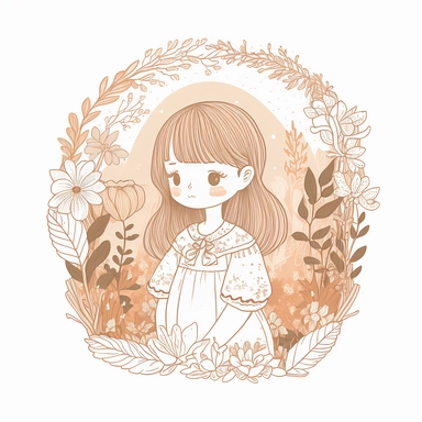 Unique little cute bueautifull cottagecore Girl, portrait, Clipart on white background, character design, Coloring pages, vector, clipart, 8k, line art, sacred geometry, minimal, png, transparent background, In the style of Ryo Takemasa, xuan loc xuan, Lisa Audit, Anastasia Suvorova, ultra - detailed, best quality, well composed, viral, high definition, super simple, print on demand, Coloring page and sheet of paper or digital image that are designed to be colored in with pencils, markers, or ot