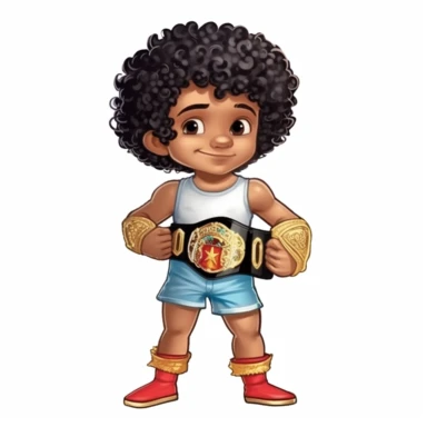 full body little Puerto Rican boy dressed as a wrestler, championship belt on, short black curly hair, clipart, characture, white background