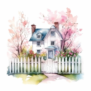 clipart, isolated on white background, beautiful cute Watercolor Spring Cottage - cute little house with fence and chimney, tree and flowers, ornated, pastel colors