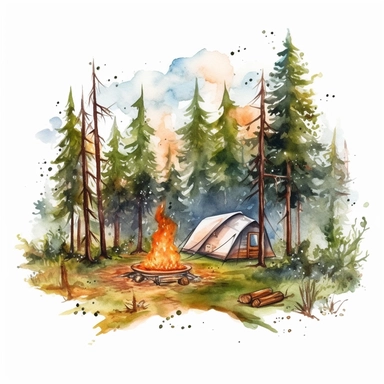 camping scene in forest watercolor style clipart on white background with margins