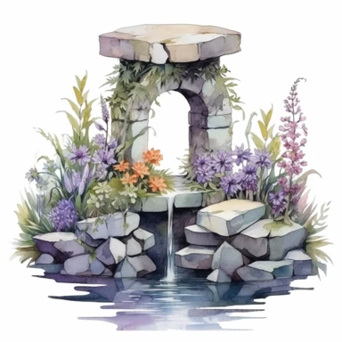 Clipart, isolated on white background, beautiful cute Watercolor water well through the stones, forest woodland nature landscape scenery, plants and flowers, ornated, pastel colors