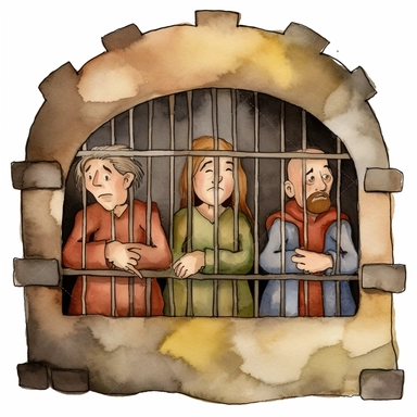 sad looking peasants behind a medieval dungeon cell watercolor clipart no fonts nor words no letters