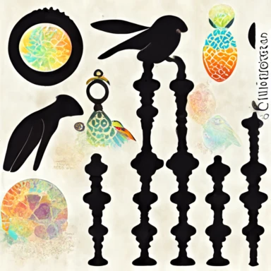 1 keyhole silhouette on white background, sacred geometry embellishments, stone texture, marketing clipart detailed engravings, 1 colorful parrot holding rolled up scroll, style in halftone comic book illustration