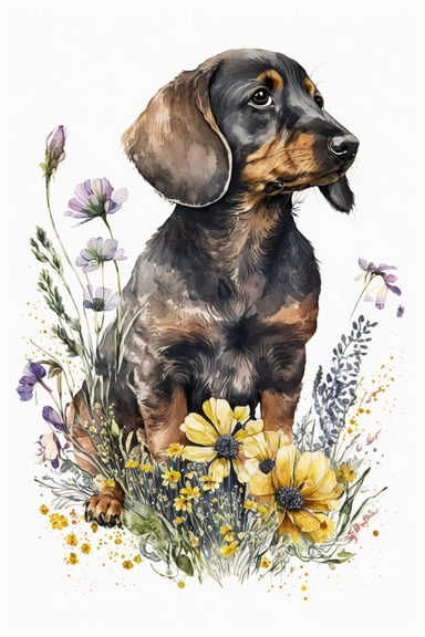 watercolor cute puppy dachshund dog and wildflowers, white background, children book illustration, hyper realistic, 8k, ultra detailed clipart, warm colors, black ink style