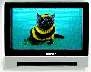 boxy retro gray CRT computer monitor displaying web browser, photo of wet cat in bee costume, hi this is my geocities for my cat named bee who loves flowers, Word Wide Web 90s website aesthetic, comic sans tacky clipart, glitch style