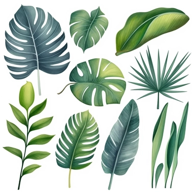 palm leaves set, watercolor botanical painting, jungle illustrations, monstera and banana leaf, clipart, pure whith background