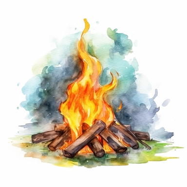 watercolor colorful clipart of a joyful summer campfire, hd, on white background