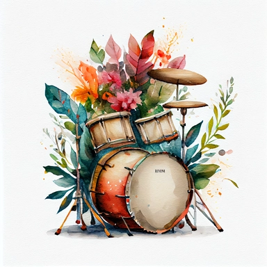 watercolor painting of a drum set with floral on white background, clipart, illustration, ultra detailed art