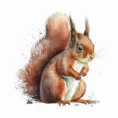 cute squirrel, watercolor clipart, realistic, childlike animal illustration, isolated on white background, Beatrix Potter, clean blended strokes, ginger and dark brown color
