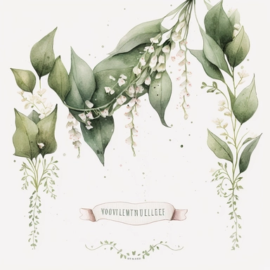 A watercolor clipart featuring delicate muguet (lily of the valley) flowers depicted on a string or garland. The flowers are depicted with intricate details, capturing the texture and delicacy of each petal and leaf. The watercolor technique used in the painting gives the image a soft, dreamy quality, with the colors blending together in a way that suggests movement and life. The garland or string design adds a whimsical and playful touch to the image, making it suitable for a variety of occasio