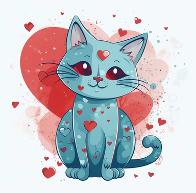 kitty clipart with hearts on transparent background, in the style of light sky-blue and dark red, 32k uhd, simplified line work