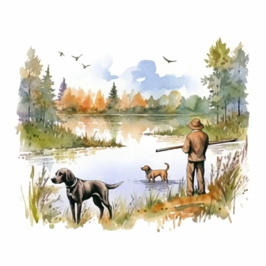 watercolor hunting scene in forest or fields with lake in vicinity on white background with setter and pointer dogs in pointing stand , illustrations clipart set, simple, , cartoon elements ,different variants , natural elements, separate elements with a margin, ,4k, high resolution, , natural colors, vibrant green tones, birds,