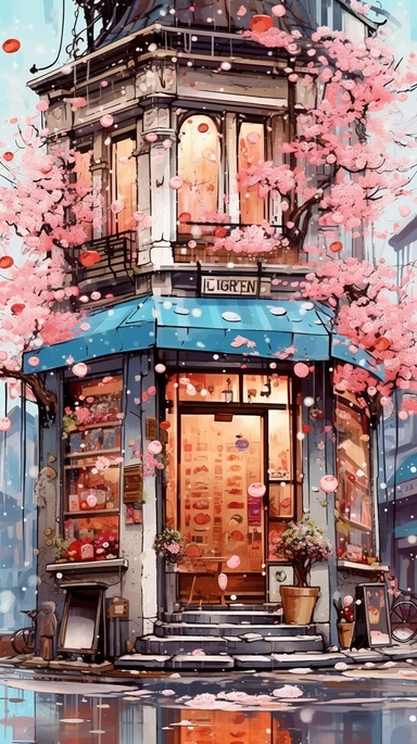Very very cute and Whimsical quirky Jazzy coffee shop, building corner, cherry tree blossom, Raining colorful, Watercolored illustration in the style of Michael Powell, clipart, city vibe background - 8K
