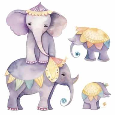 One cute decorated circus elephant standing on another elephant's back, clipart, style as seen on Etsy. Cartoonish appearance with exaggerated body proportions, but atomically correct limb positions and number. Perfect for decorating a baby's nursery. Varied bright pastel watercolors, loose, gestural brush strokes. Dreamy, ethereal, lively, playful. Lots of cute details, such as stars, balloons, drums, hats, flags and unicycles. Decorative patterns, like polka dots, stripes and floral designs. E