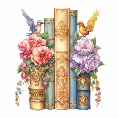 five floral thick fairy books upright in a row on a wall bookshelf in watercolor style, wedding, wedding flowers, rainbow and gold, cottage clipart, ethereal bohemeian, waxwing bird, intricate details,detailed illustration hd, on white background ar 3:2 s 1000