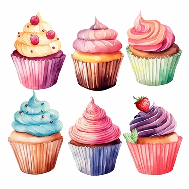 Cupcakes, water color style, clipart, white background transparent background