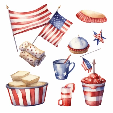 4th of July watercolor illustration, white background, watercolor, hyperrealism, high detail, separate elements, set, clipart