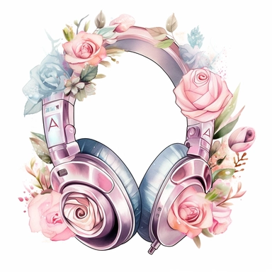 ! Watercolour rose gold and pastel detailed 3d gaming headset, surrounded by beautiful roses and Swarovski crystals and diamonds, svg clipart style, solid white background, clipart element, clipart style highly detailed beautiful