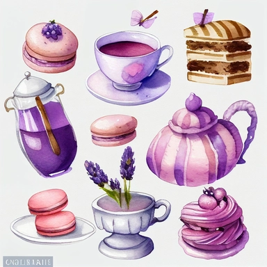 Draw a set of cartoon - style watercolor illustrations of a lavender - themed afternoon tea in shades of purple and pink. The images should have a elegant, refined, and sweet aesthetic, incorporating elements such as lavender - scented desserts, teas, and other culinary items such as macarons, scones, and a teapot. Individual images cliparts