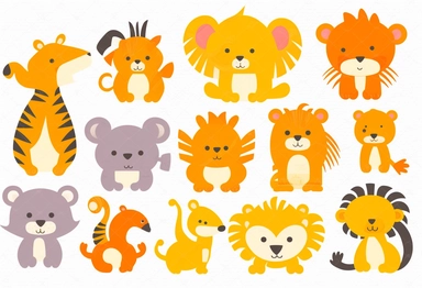 cute jungle animals clipart set for silhouette and for cricut, in the style of graph paper, white and orange, 8k, colorful caricature, #screenshotsaturday, hatching, óscar domínguez