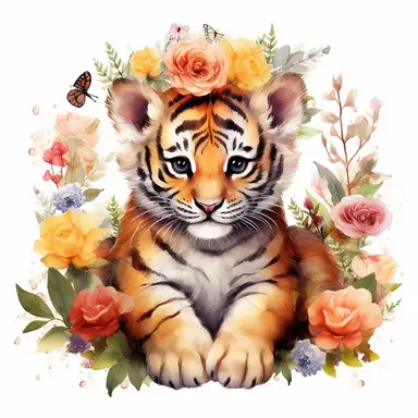 clipart of baby tiger, a tiger cub sitting in a field of flowers with crown of the flowers, watercolor painting, white background, featured on pixiv, computer art, madhey of flowers, watercolor, digital illustration, detailed painting, realistic