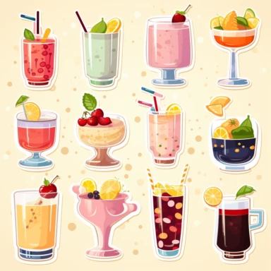 Digital stickers, planner decorative elements of different alcohol drinks, children's book illustration style, pastel color, cartoon clipart, flat colour, flat design, vector, contrast background