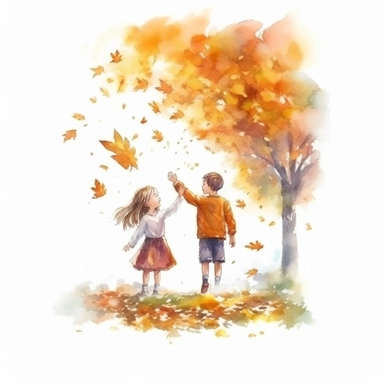 watercolor style, realistic autumn scenery, kids throwing leaves under the autumn tree, kids close up, clipart, isolated on white background, 4K