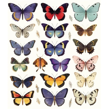 Generate vintage ephemera clipart of butterflies suitable for printing in a junk journal. The images should be in a variety of sizes, ranging from small to large, and should be able to be easily resized without losing quality. Please include a mix of different butterfly species and designs, with a focus on intricate details and vintage charm