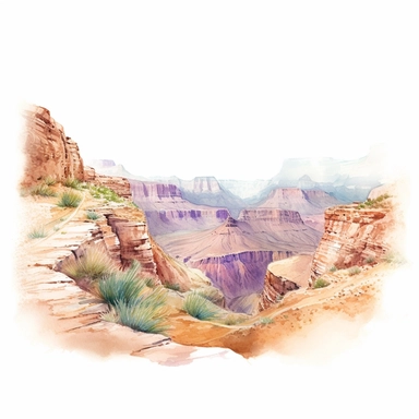 vast panoramic view, full view, illustration clipart, soft watercolor, beautiful grand canyon landscape with trail, sharp focus, high detail, romantic, fantasy, ethereal, transparent background