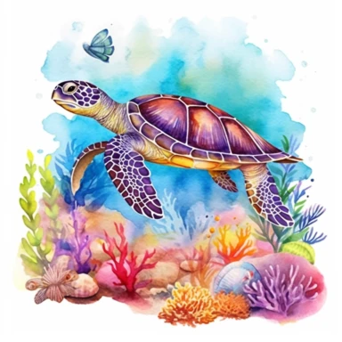 Colorfull clip art watercolor for kids, Create a watercolor clipart of a serene coastal scene with a sea turtle swimming through crystal-clear waters, surrounded by colorful coral reefs and tropical fish, 8k